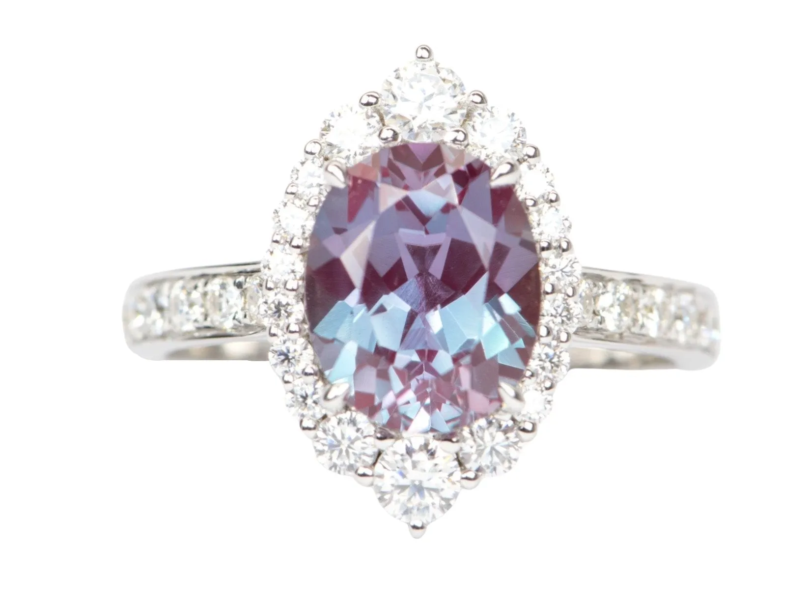 3.26ct Lab Alexandrite with Moissanite Halo and Band Engagement Ring 14K White Gold R6429