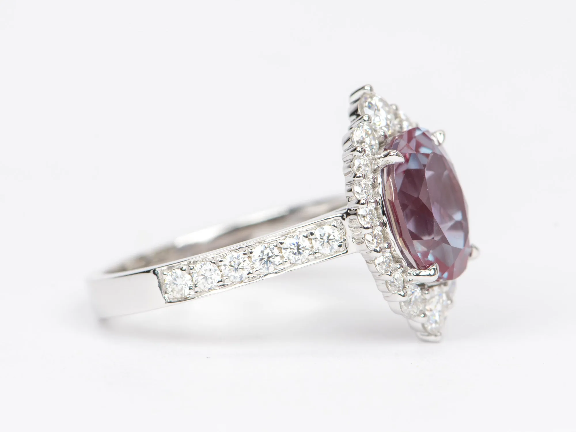 3.26ct Lab Alexandrite with Moissanite Halo and Band Engagement Ring 14K White Gold R6429