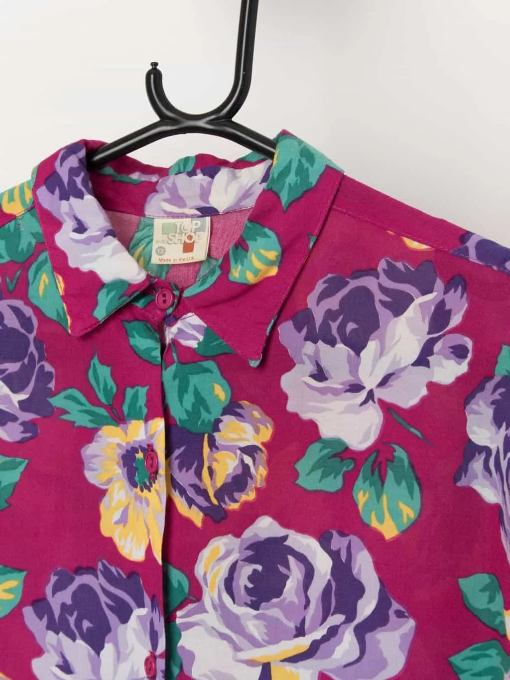 80s vintage Topshop blouse with vibrant rose print – Medium