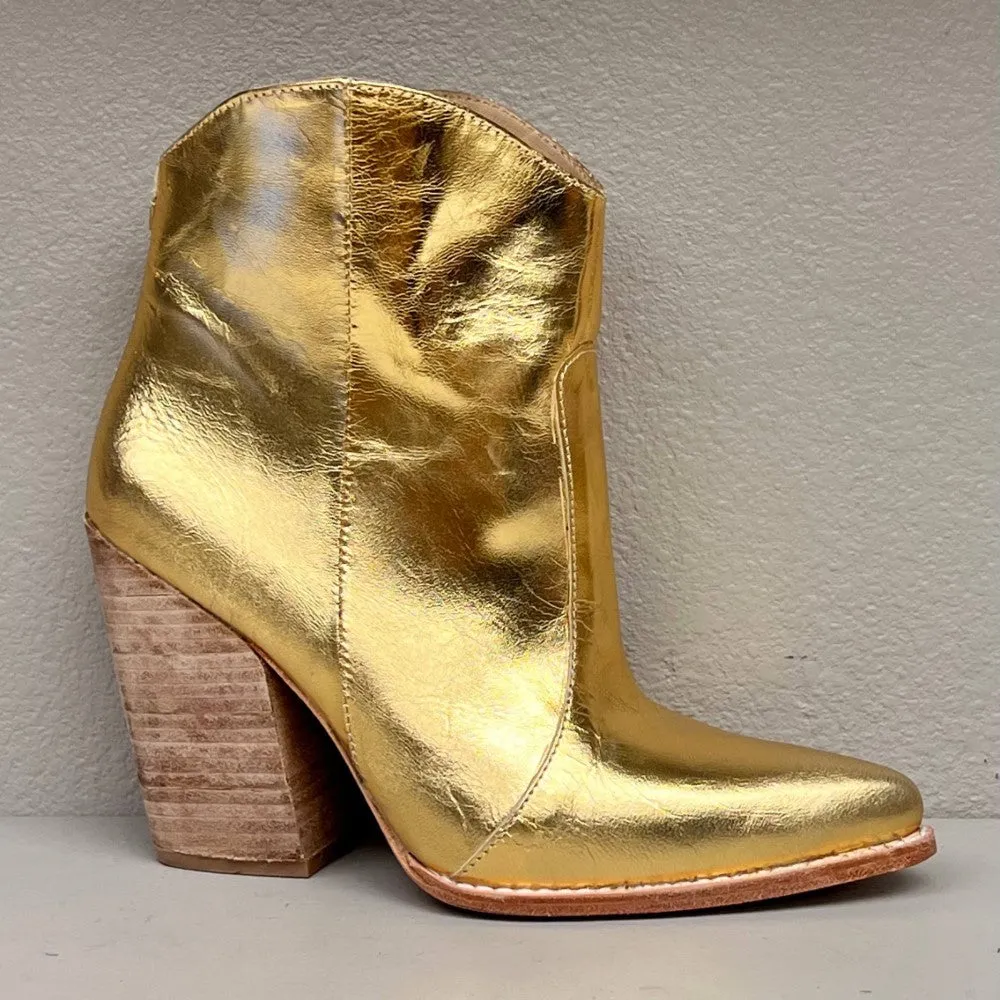 Above ankle boot/ slip on w/ heel/ Gold metallic textured leather/ leather sole