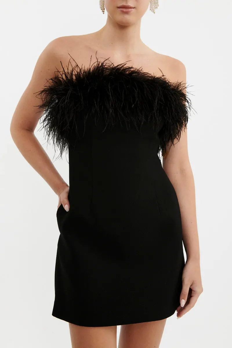 --After Hours Feather Mini Dress-