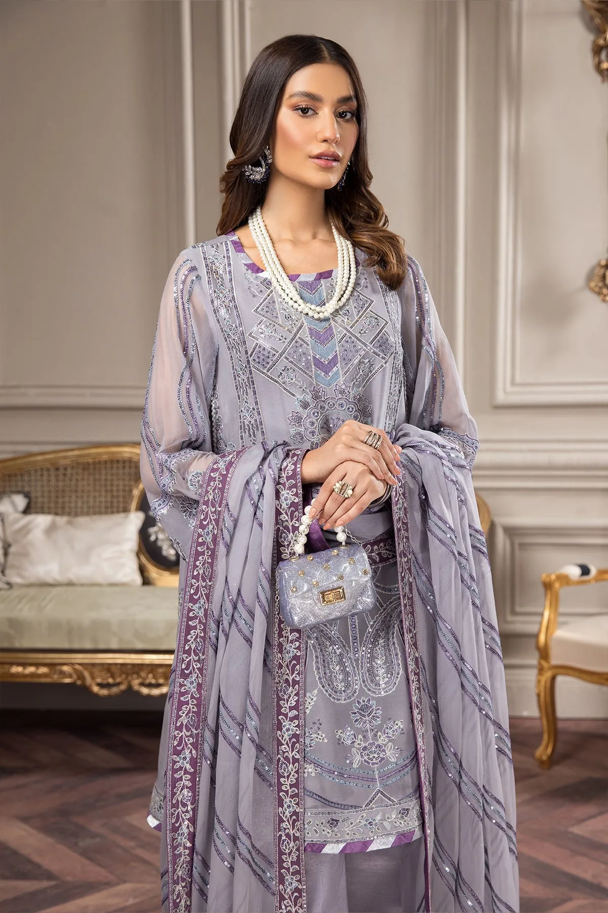 Alizeh Fashion Aqs-e-Dast Unstitched 3Pc Chiffon Suit D-03 Jahanara