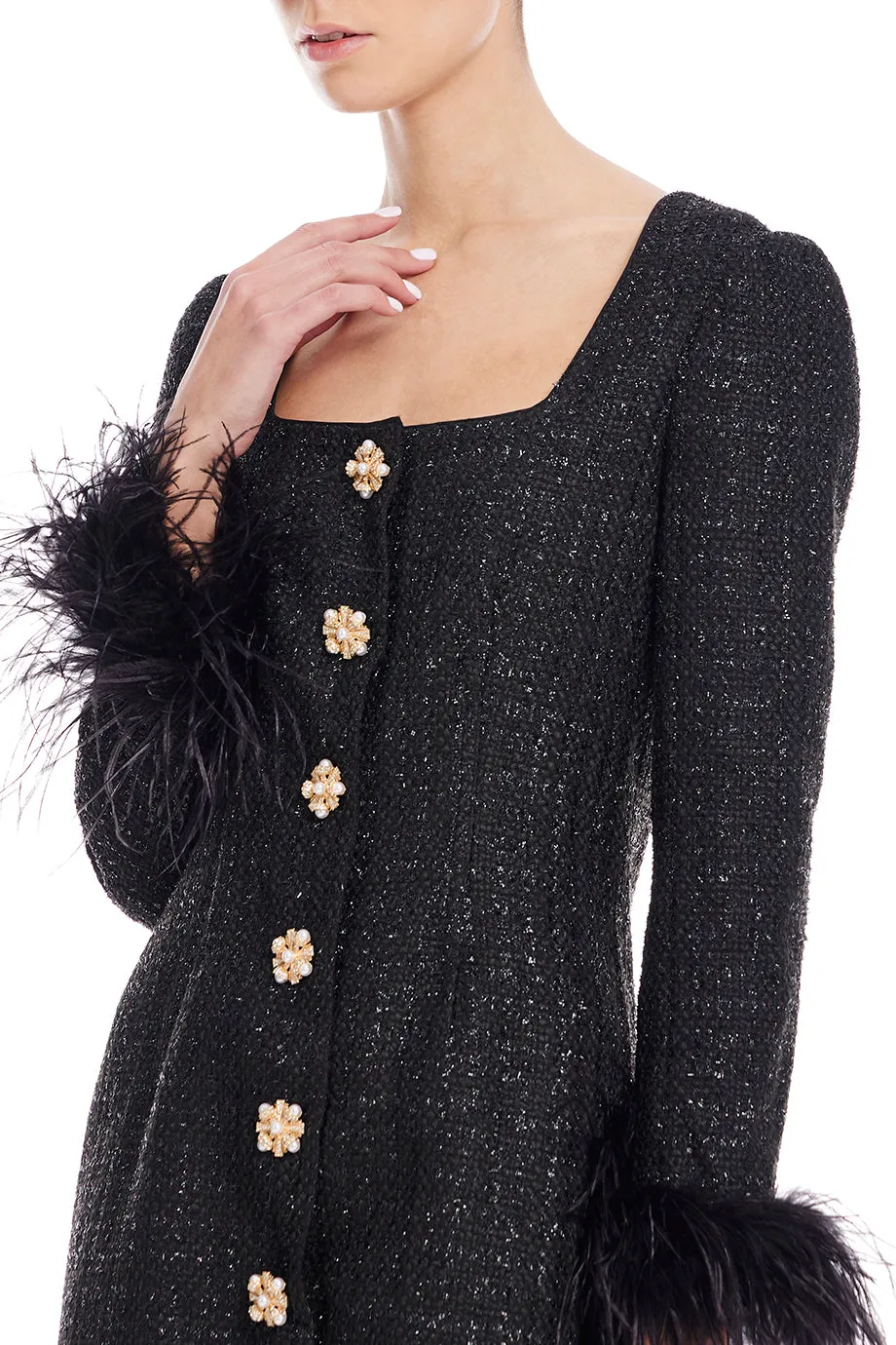 Black Boucle Feather Mini Dress