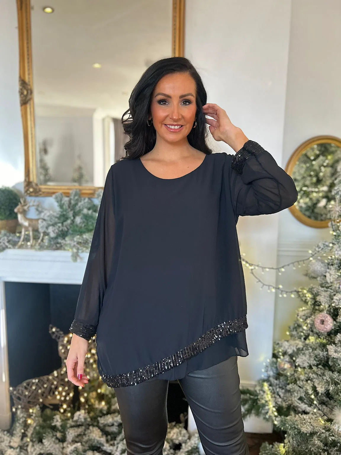 Black Chiffon Sequin Hem Blouse Belle