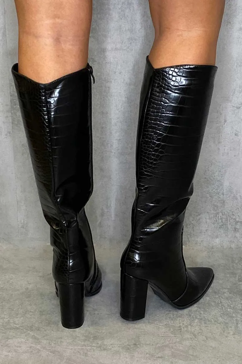 Black Croc Calf Heeled Boots - Parris