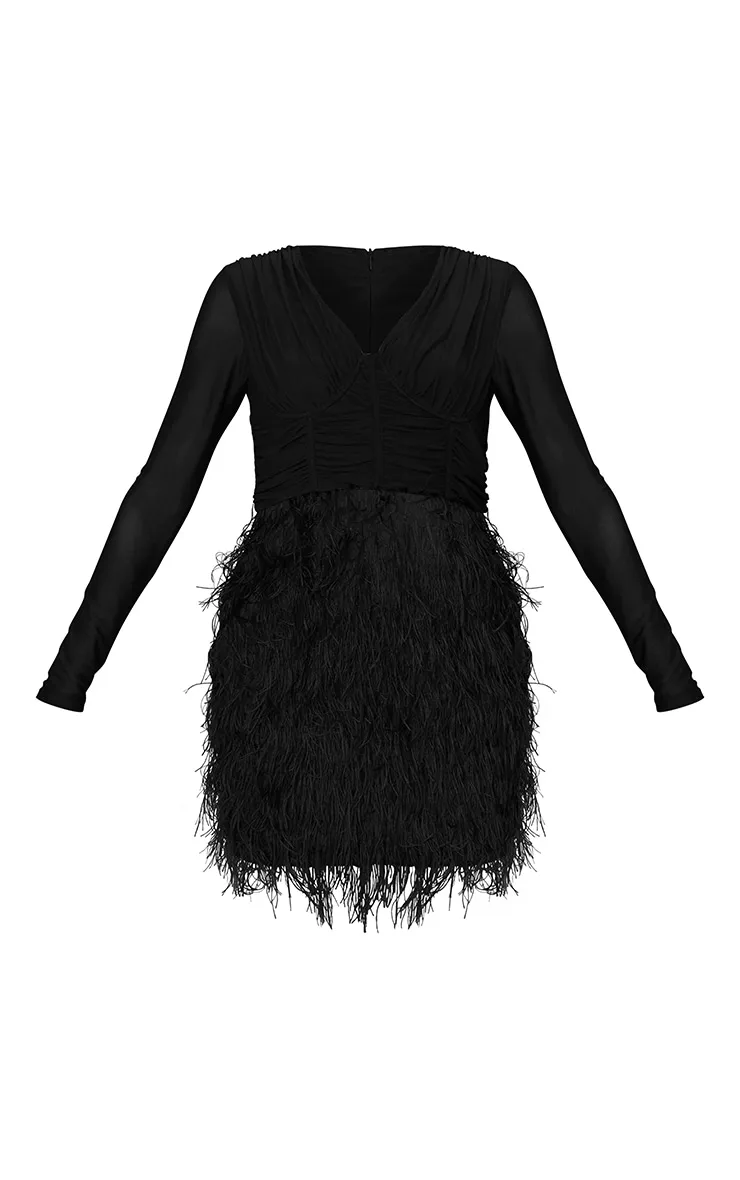 Black Cup Detail Faux Feather Bodycon Dress