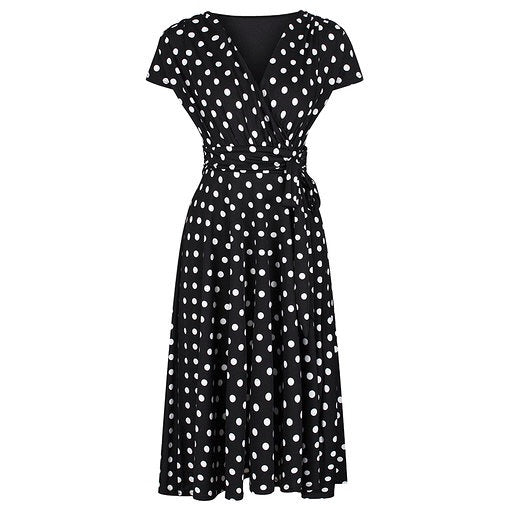 Black Polka Dot Cap Sleeve Fit And Flare Midi Dress