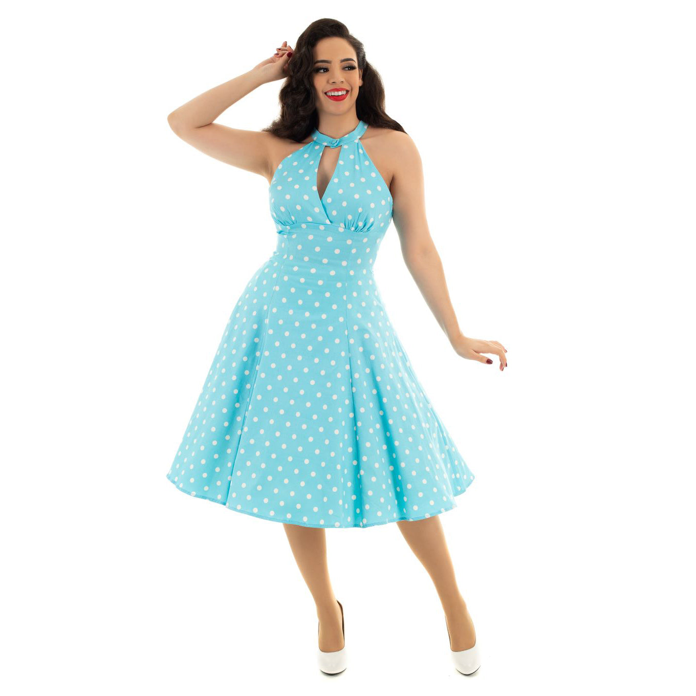 Blue and White Polka Dot Halter Neck 50s Swing Dress