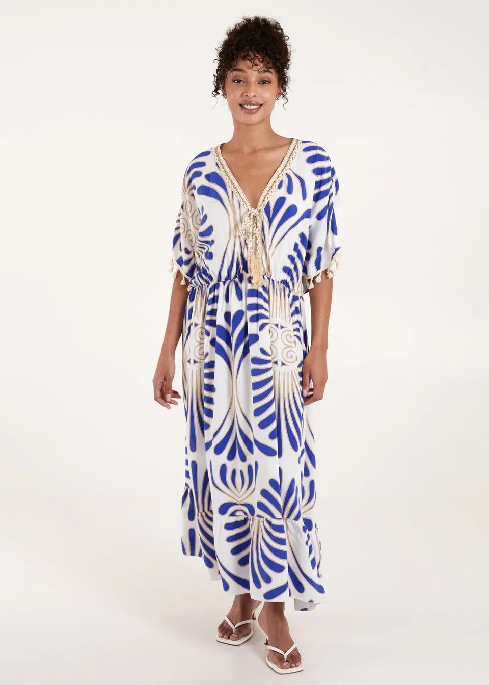 Blue Vanilla Blue Swirl Feather Print Tassel Dress