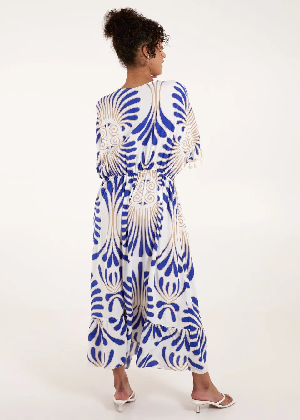 Blue Vanilla Blue Swirl Feather Print Tassel Dress