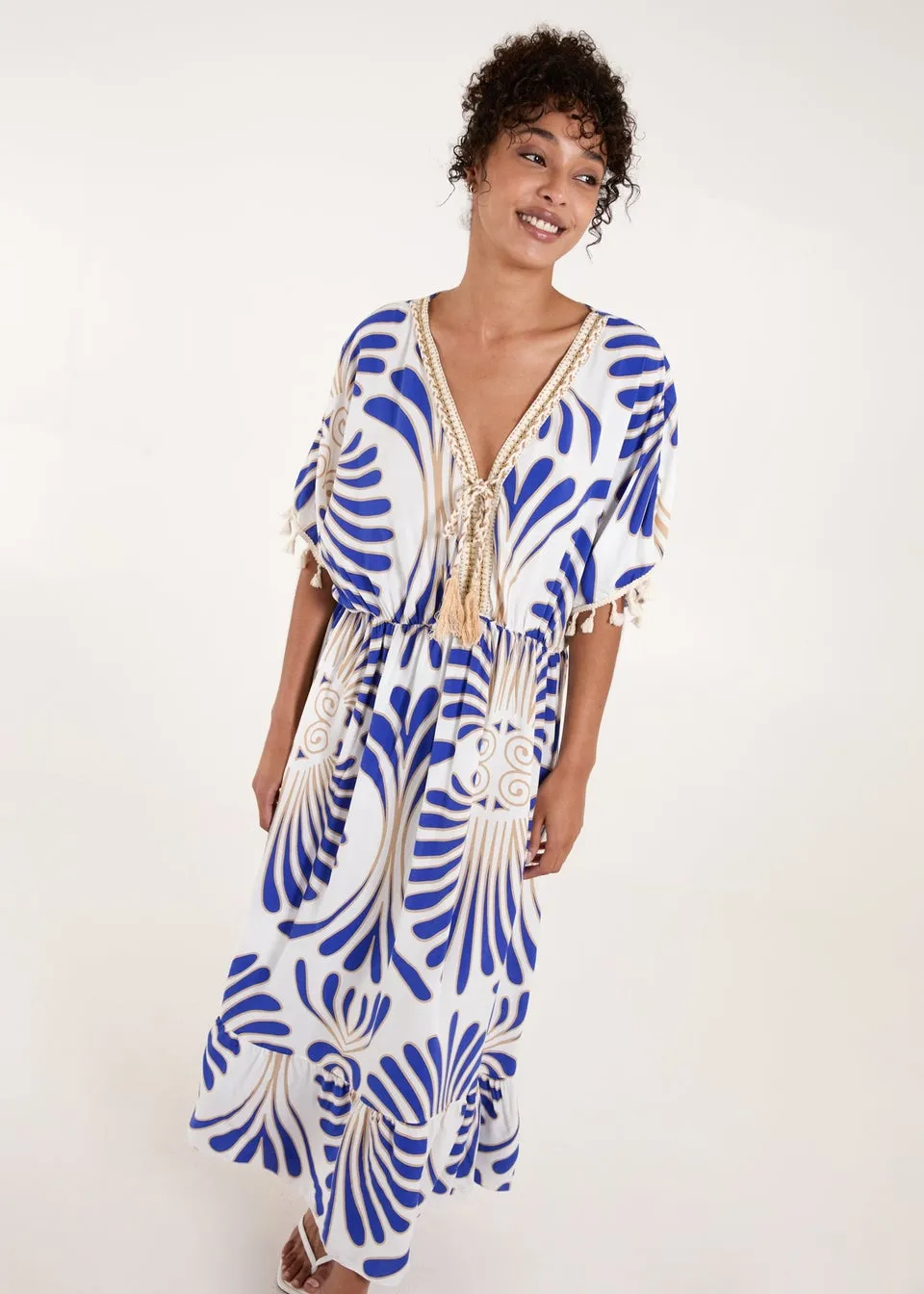 Blue Vanilla Blue Swirl Feather Print Tassel Dress