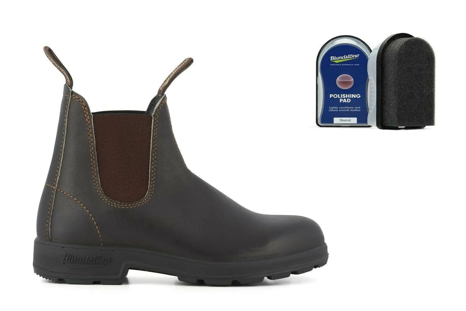 Blundstone #500 Stout Brown Chelsea Boot with Polishing Pad