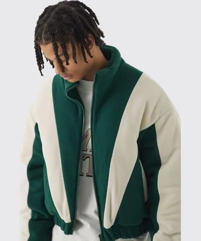 boohooMAN Mens Boxy Colour Block Funnel Neck Fleece Jacket In Green