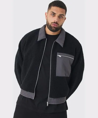 boohooMAN Mens Plus Boxy Borg And Nylon Collared Bomber Jacket In Black