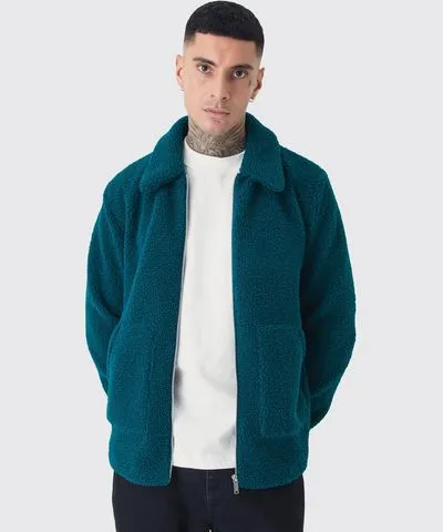 boohooMAN Mens Tall Borg Harrington Jacket In Teal