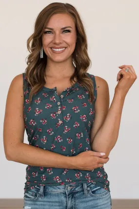 Bountiful Smiles Floral Tank Top- Dark Teal