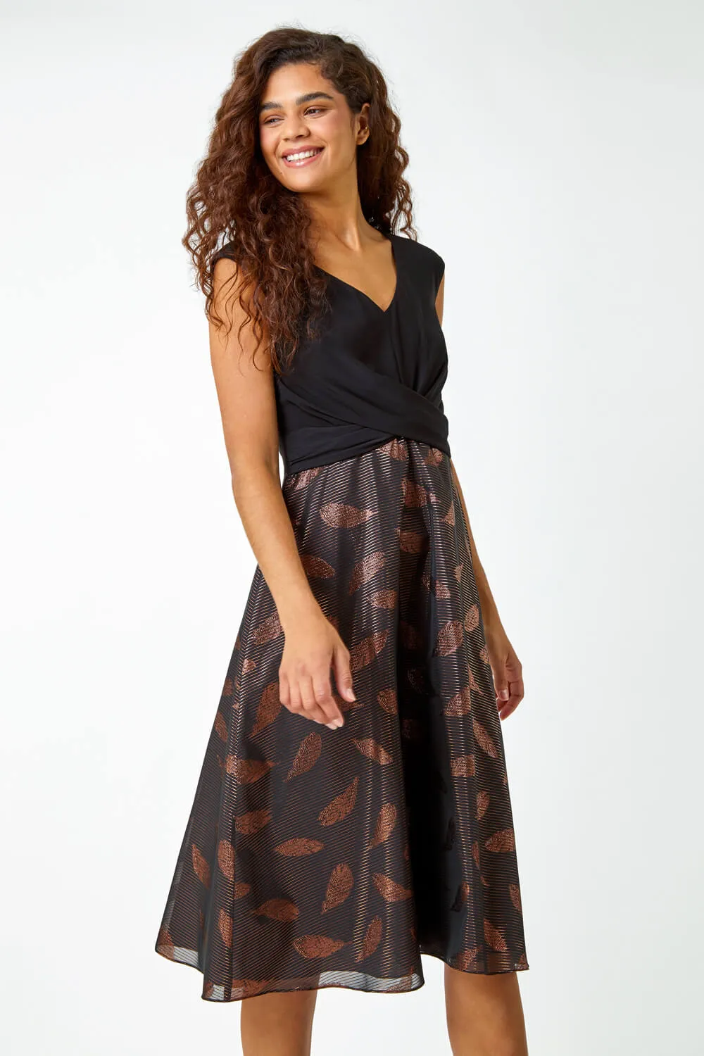 Bronze Metallic Feather Print Skater Dress | Roman UK