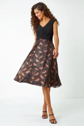 Bronze Metallic Feather Print Skater Dress | Roman UK