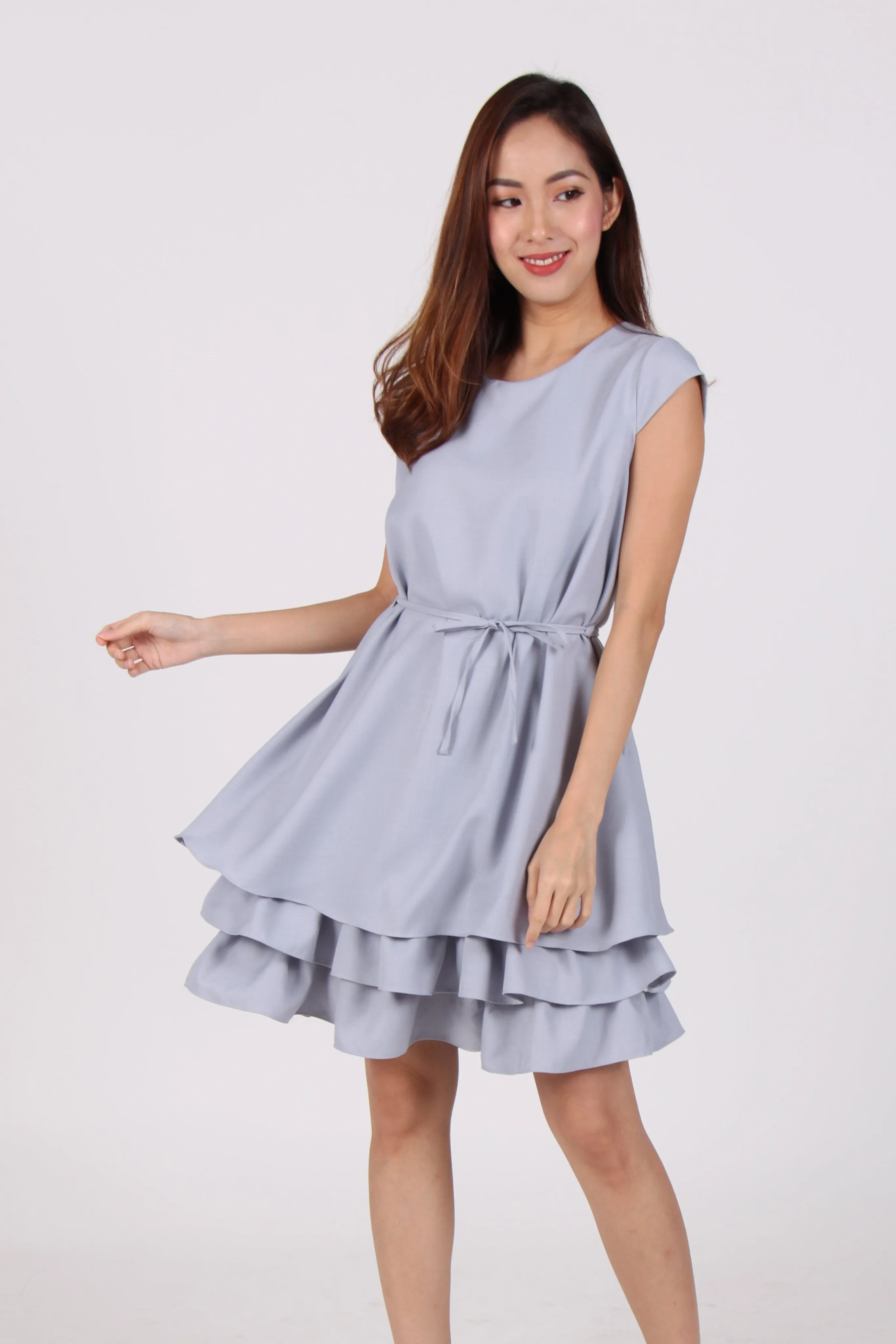 Cap Sleeve Layered Ruffles Dress in Light Blue