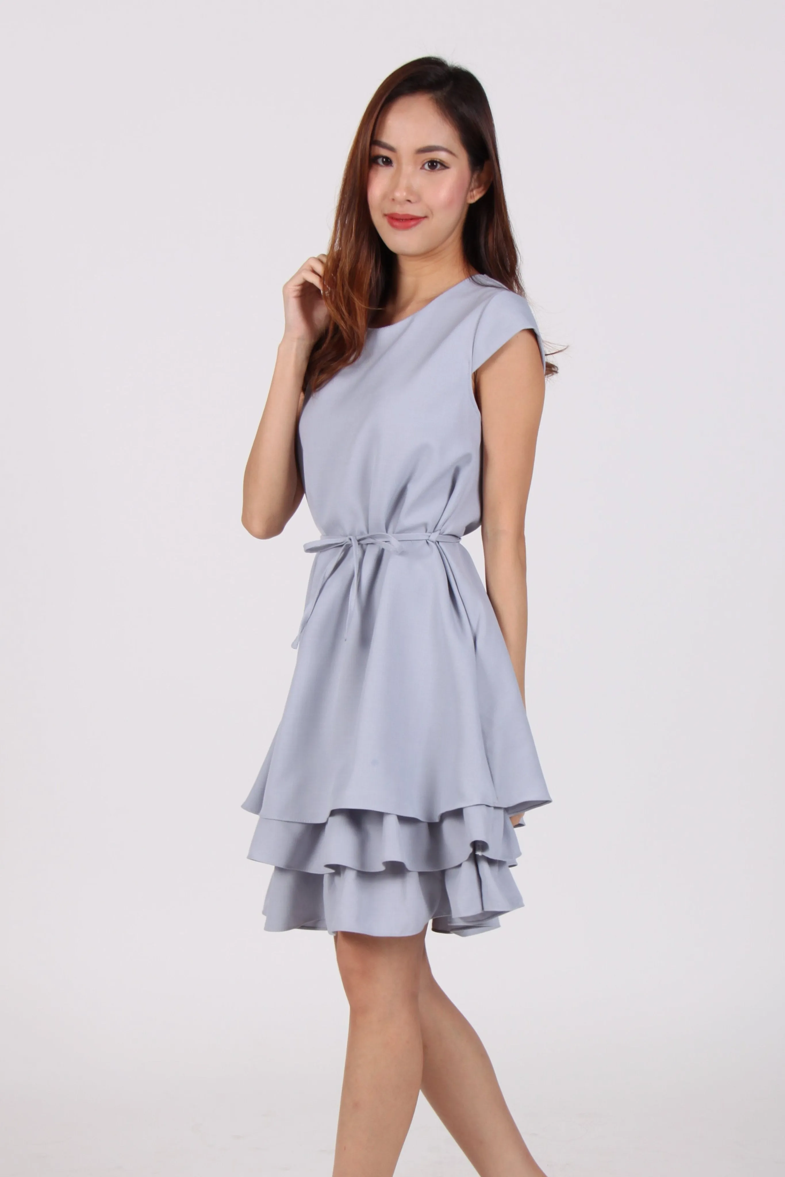 Cap Sleeve Layered Ruffles Dress in Light Blue