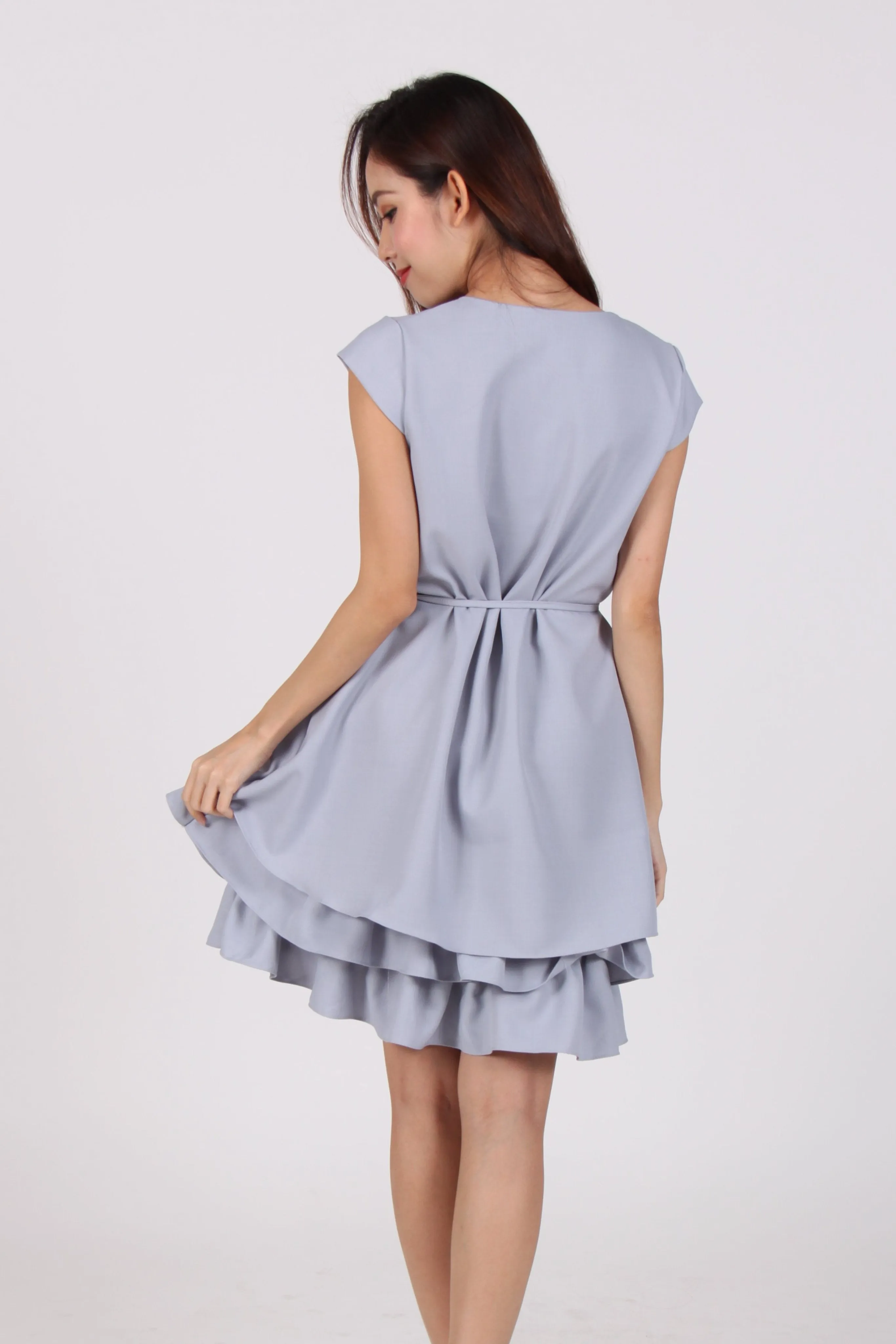 Cap Sleeve Layered Ruffles Dress in Light Blue