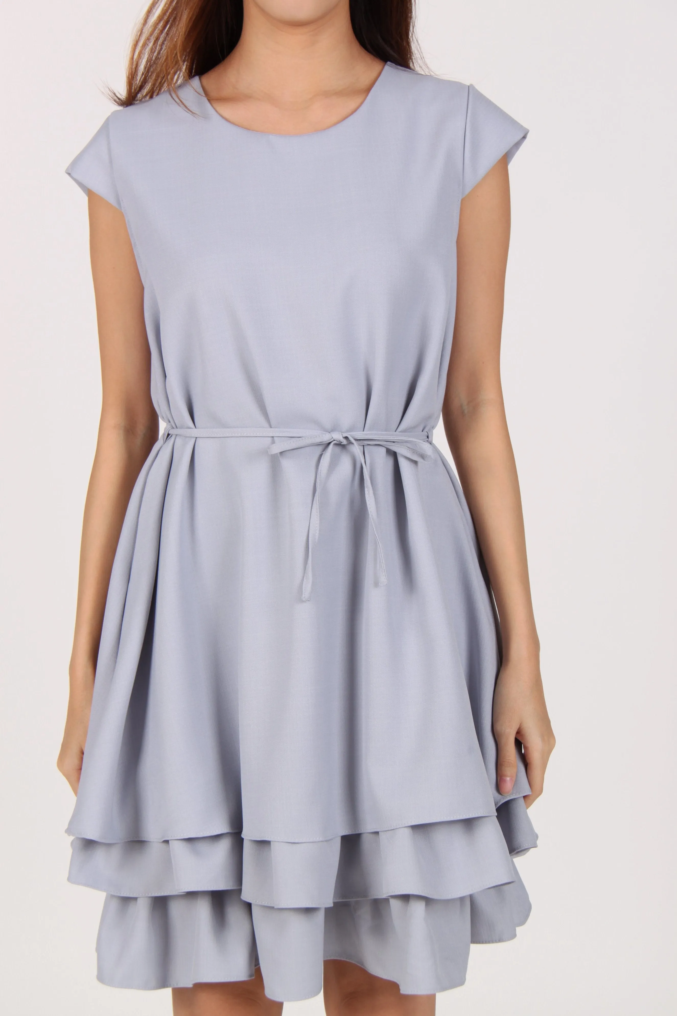 Cap Sleeve Layered Ruffles Dress in Light Blue