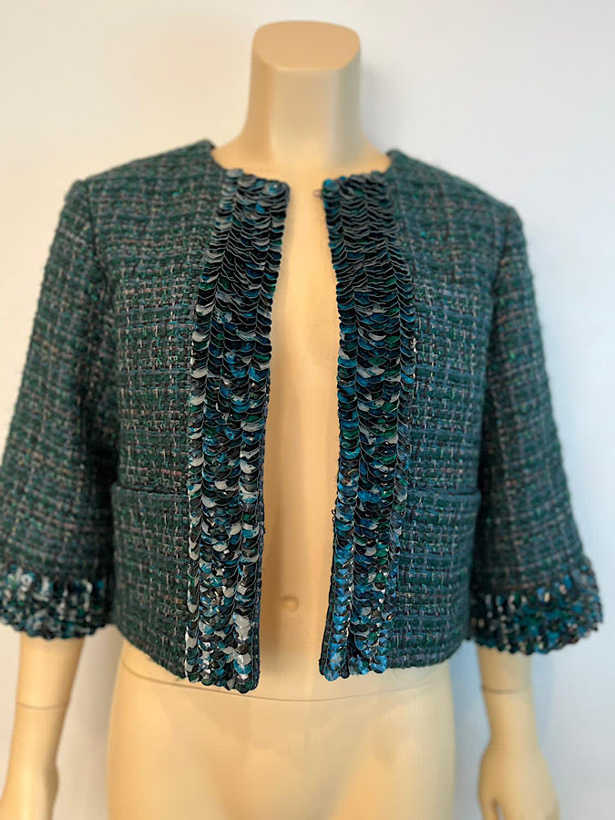 Chanel 12A 2012 Fall Tweed Sequin Green Jacket FR 34 US 2