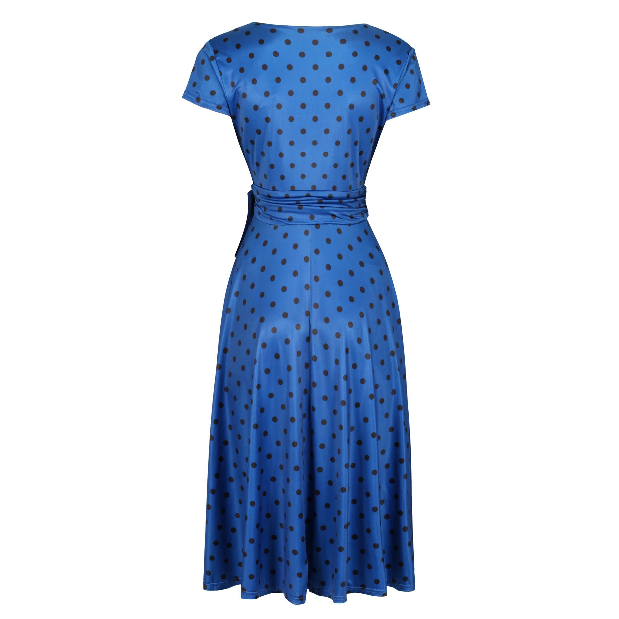 Classic Royal Blue Polka Dot Cap Sleeve Fit And Flare Midi Dress