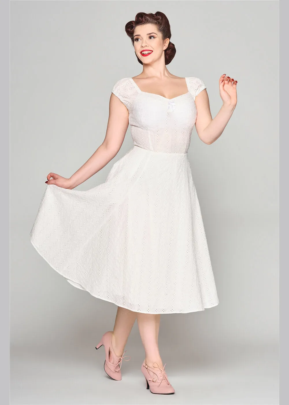 Collectif Dolores Broderie Anglaise 50's Swing Dress White