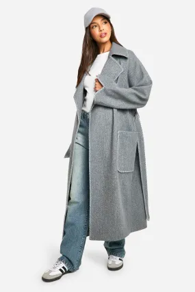 Contrast Stitch Belted Wool Look Coat