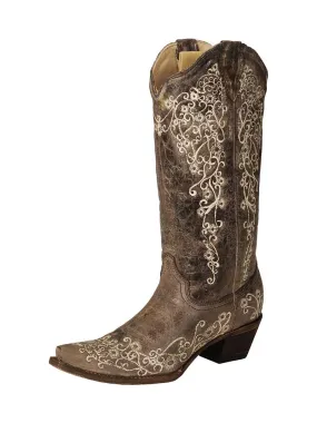 Corral A1094 Ladies Crater Bone Embroidery Snip Toe Boots Brown