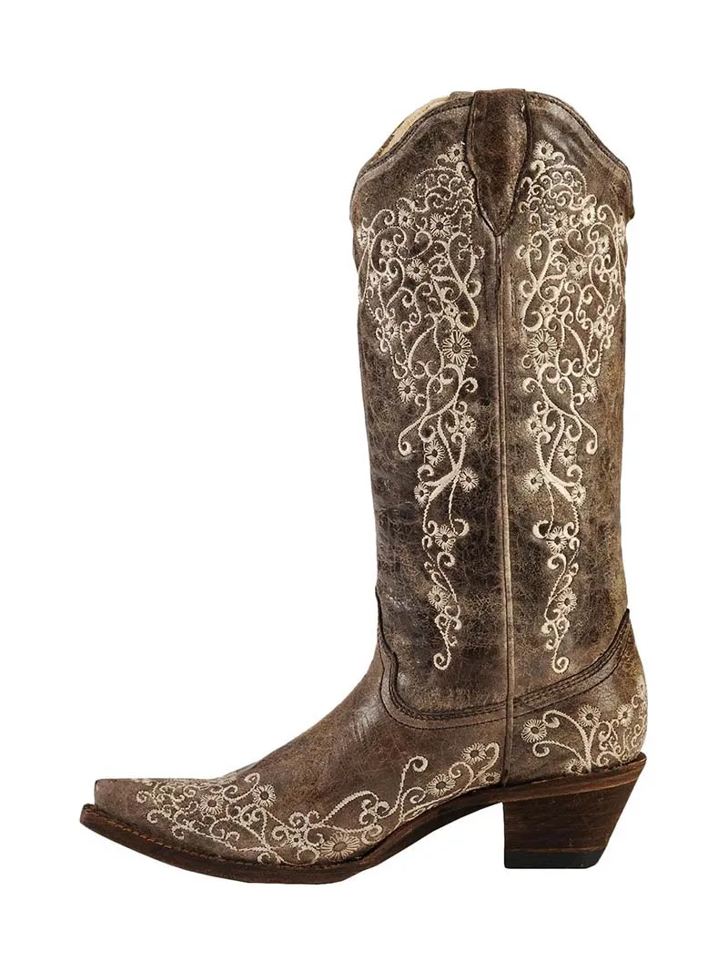 Corral A1094 Ladies Crater Bone Embroidery Snip Toe Boots Brown