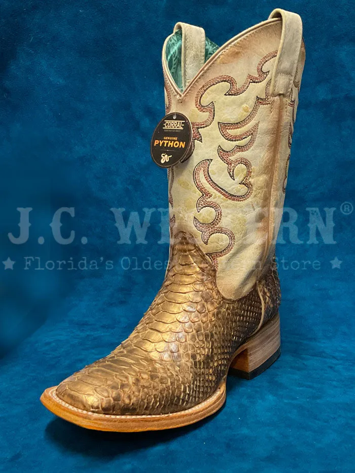 Corral B5007 Ladies Python Embroidery Wide Square Toe Western Boot Taupe