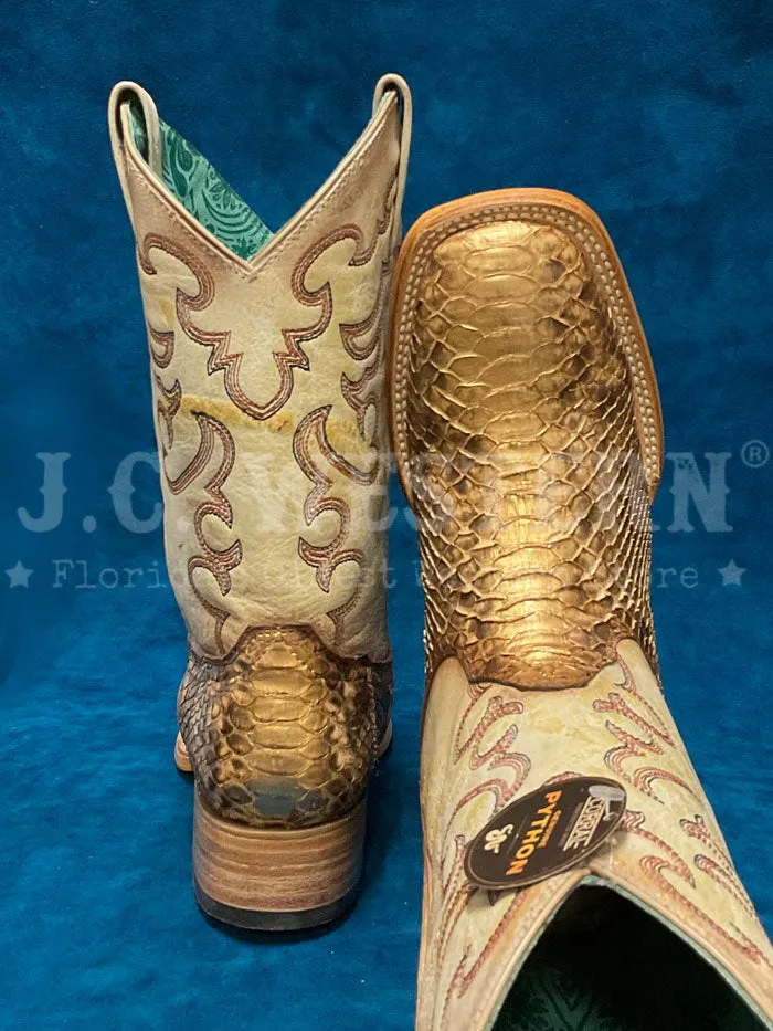 Corral B5007 Ladies Python Embroidery Wide Square Toe Western Boot Taupe