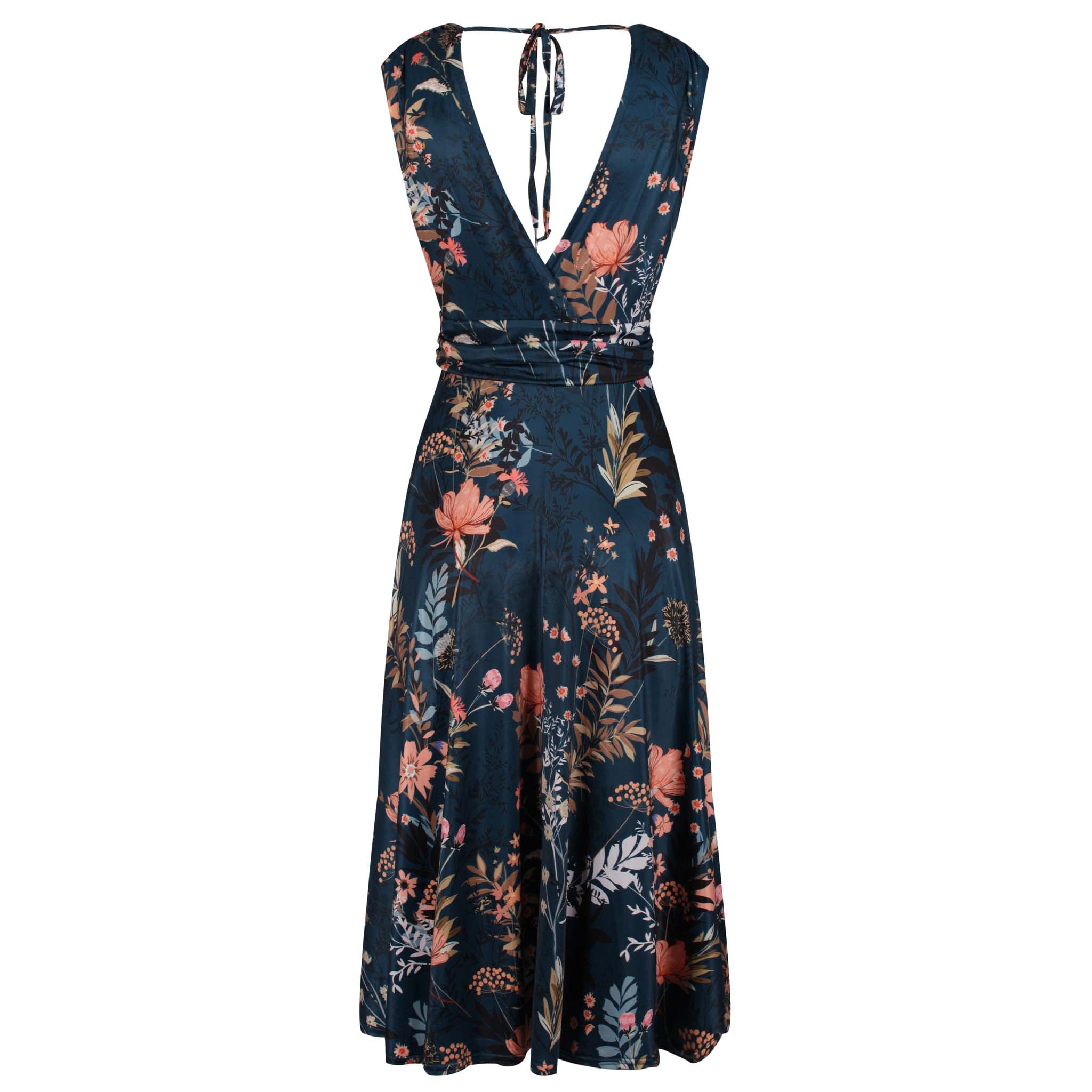 Dark Teal Floral V Neck Crossover Top Empire Waist Swing Dress