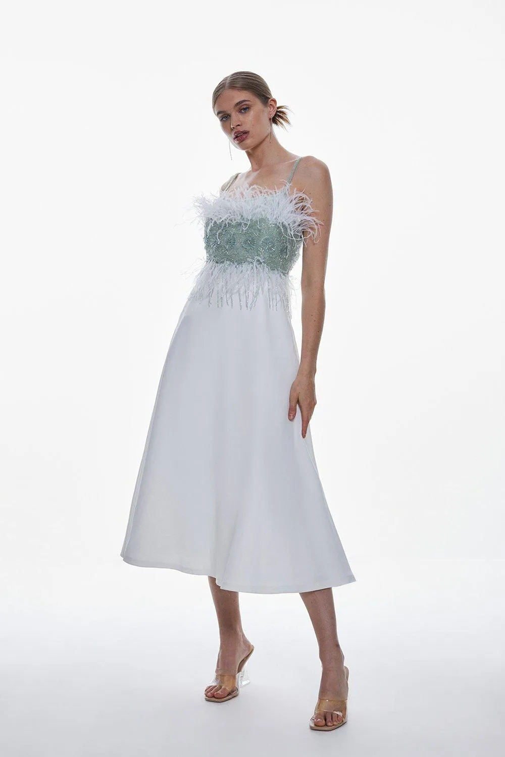 Embellished And Feather Woven Prom Midi Dress | Karen Millen