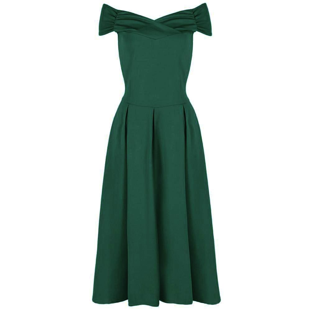 Emerald Green Cap Sleeve Crossover Bardot Neckline 50s Swing Dress