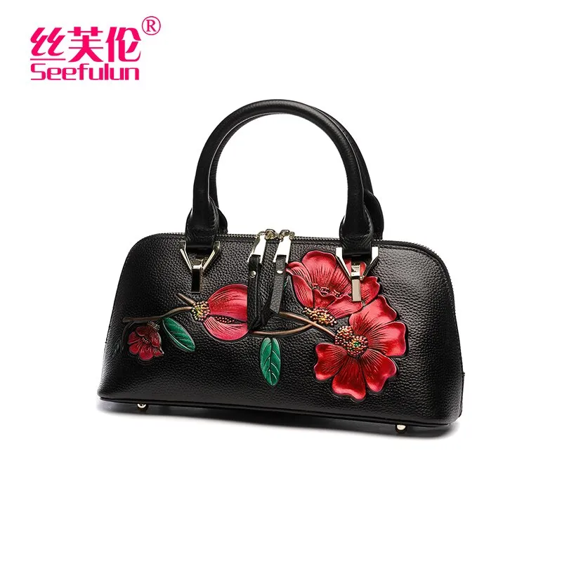 Fashionable Small Genuine Leather Floral Pattern Handbag for Women