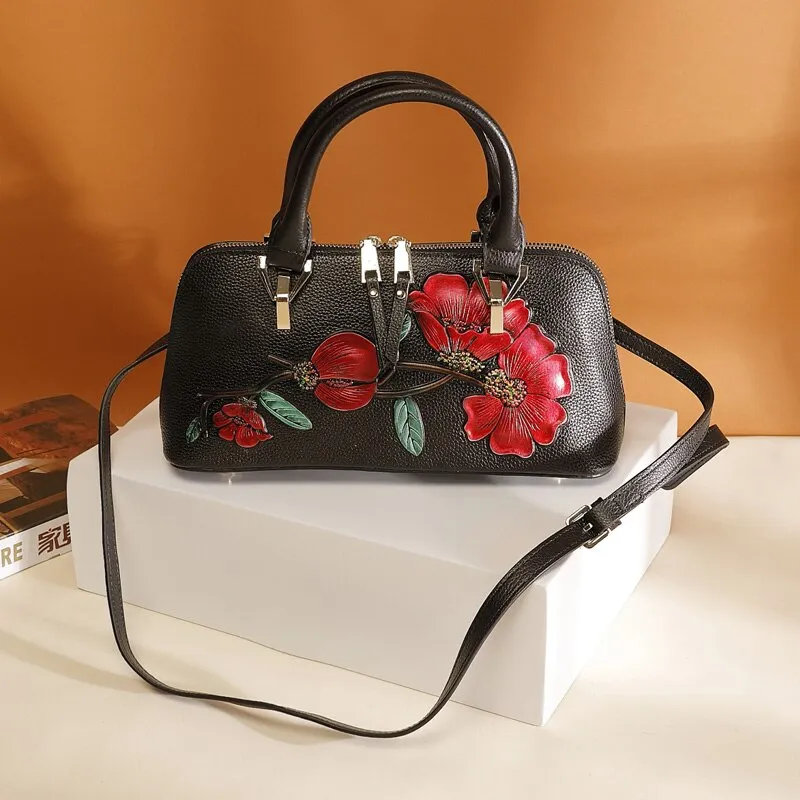 Fashionable Small Genuine Leather Floral Pattern Handbag for Women