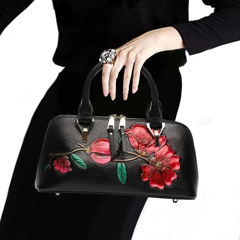 Fashionable Small Genuine Leather Floral Pattern Handbag for Women