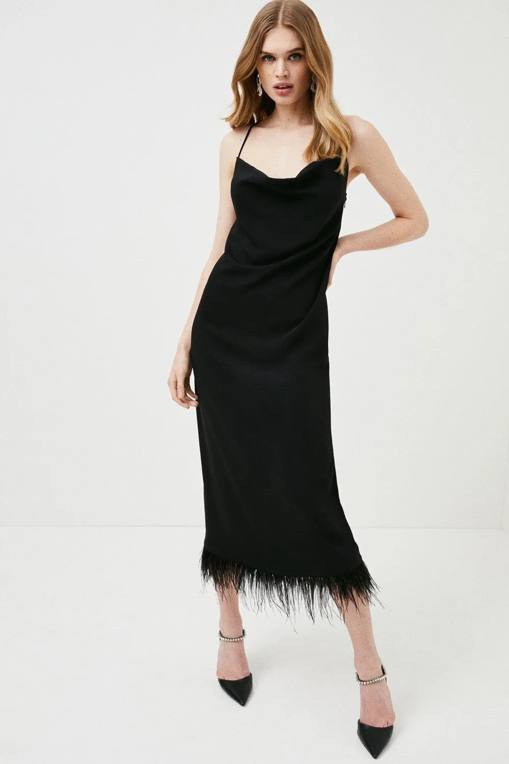 Feather Hem Cowl Neck Cami Midaxi Dress | Karen Millen