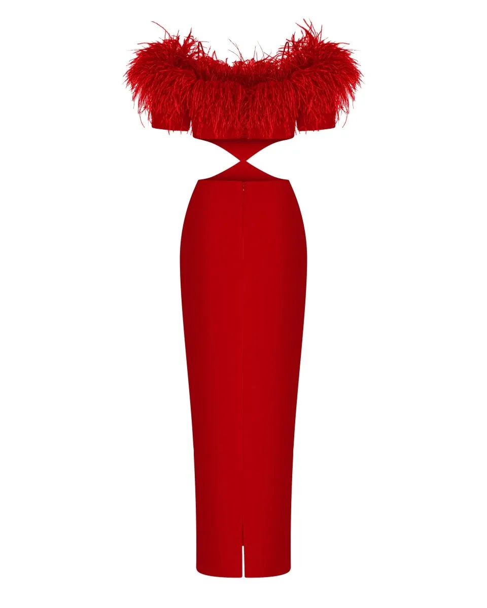 --Feather Red Maxi Dress-