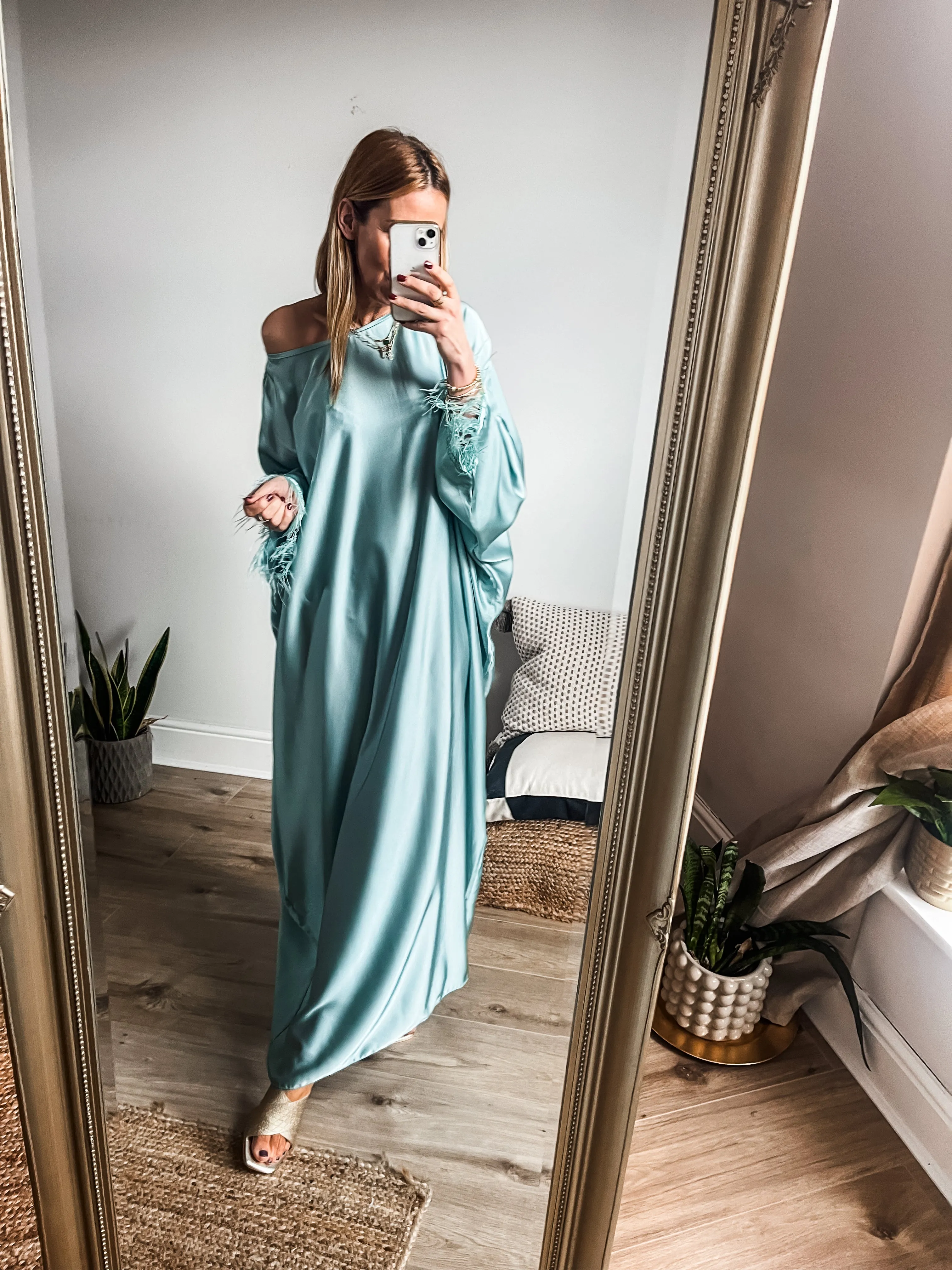 Feather Trim Satin Kaftan Maxi Dress