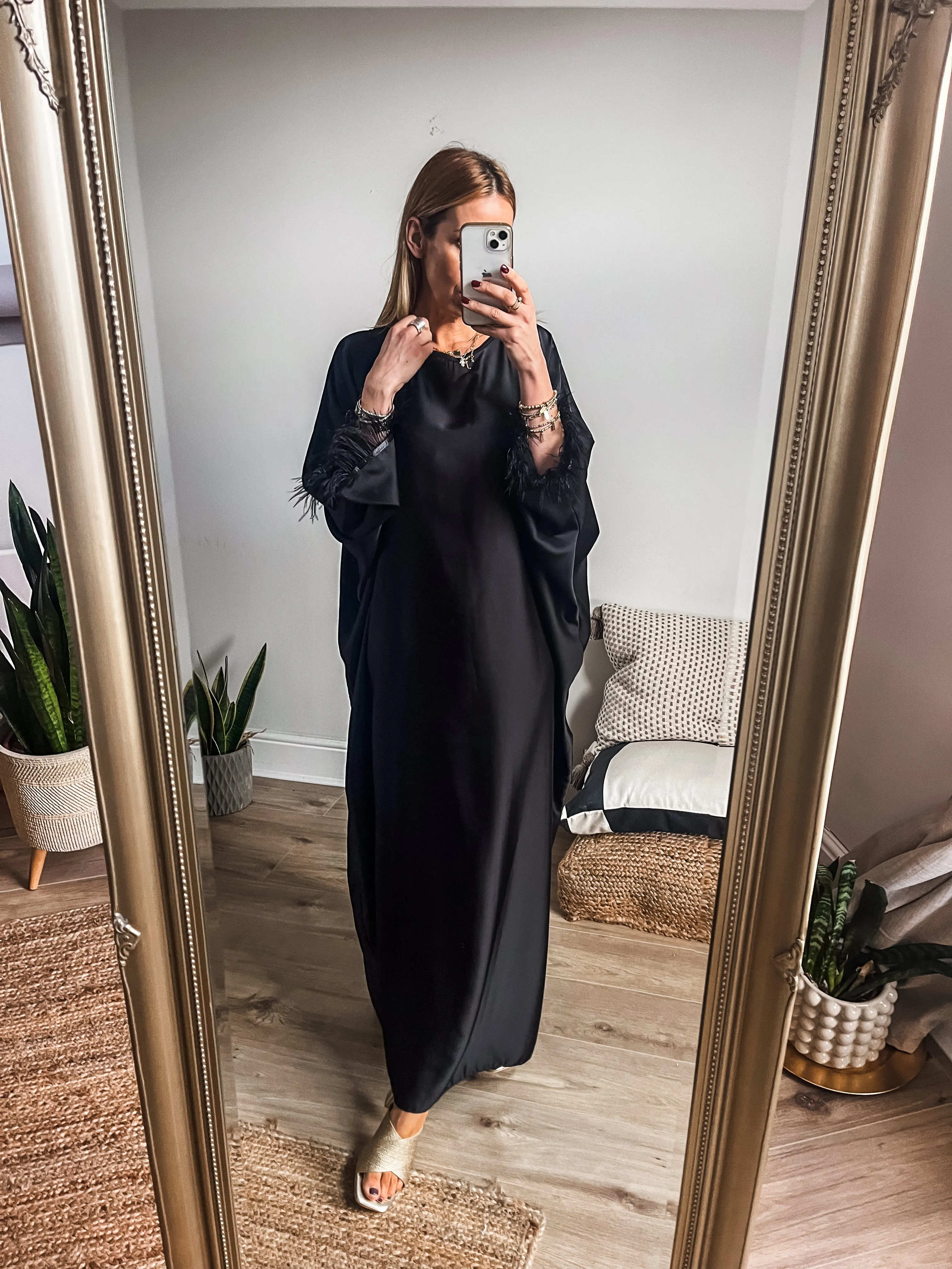 Feather Trim Satin Kaftan Maxi Dress