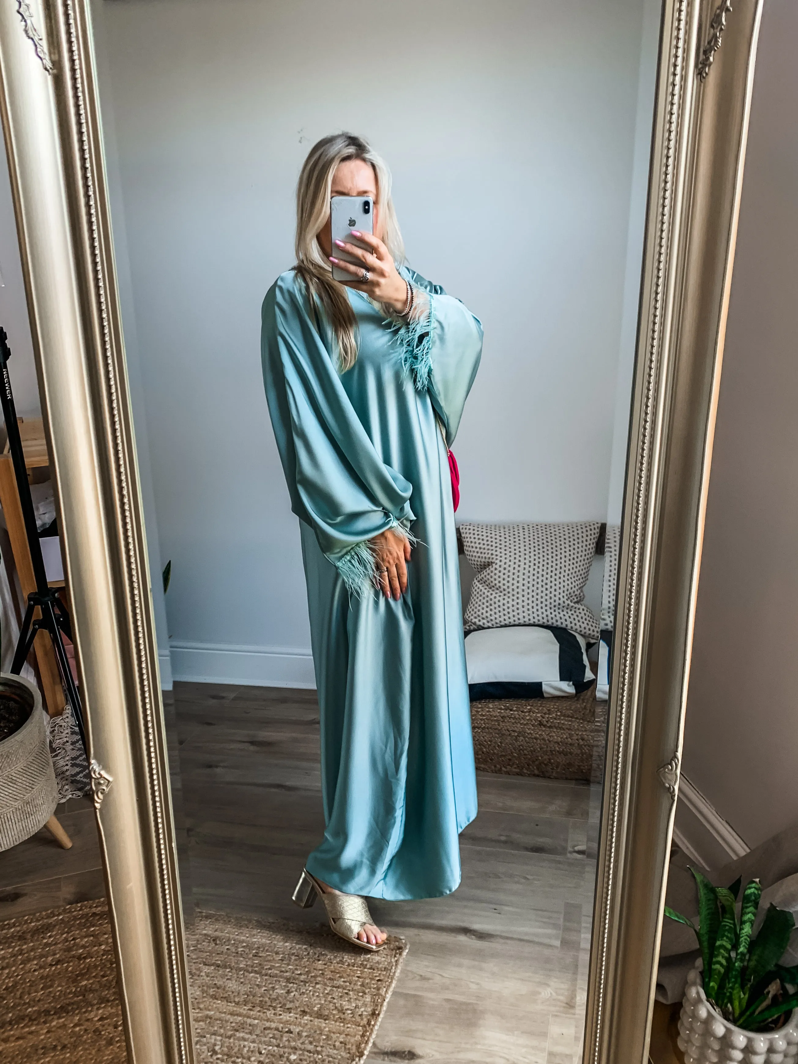 Feather Trim Satin Kaftan Maxi Dress