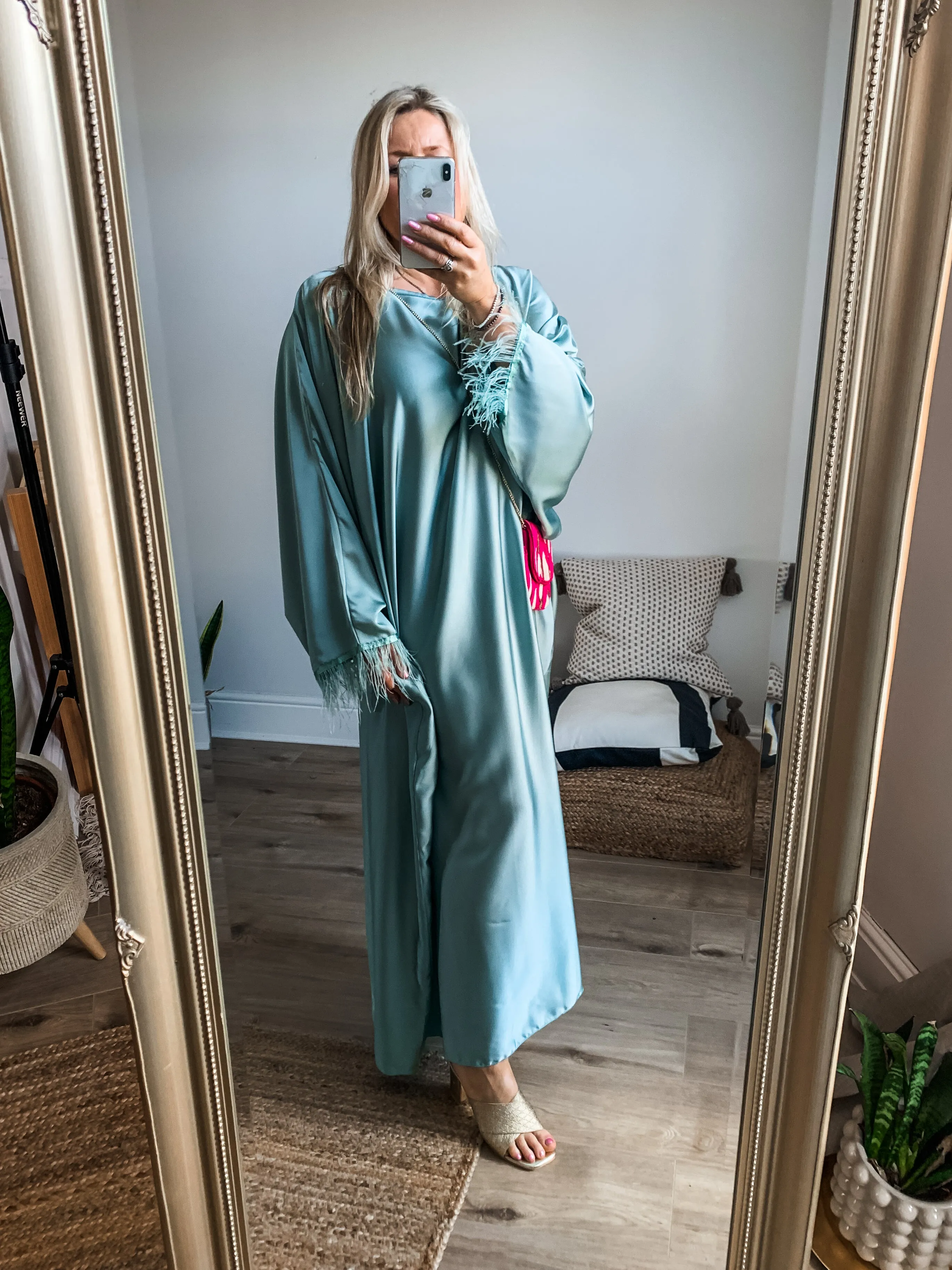 Feather Trim Satin Kaftan Maxi Dress