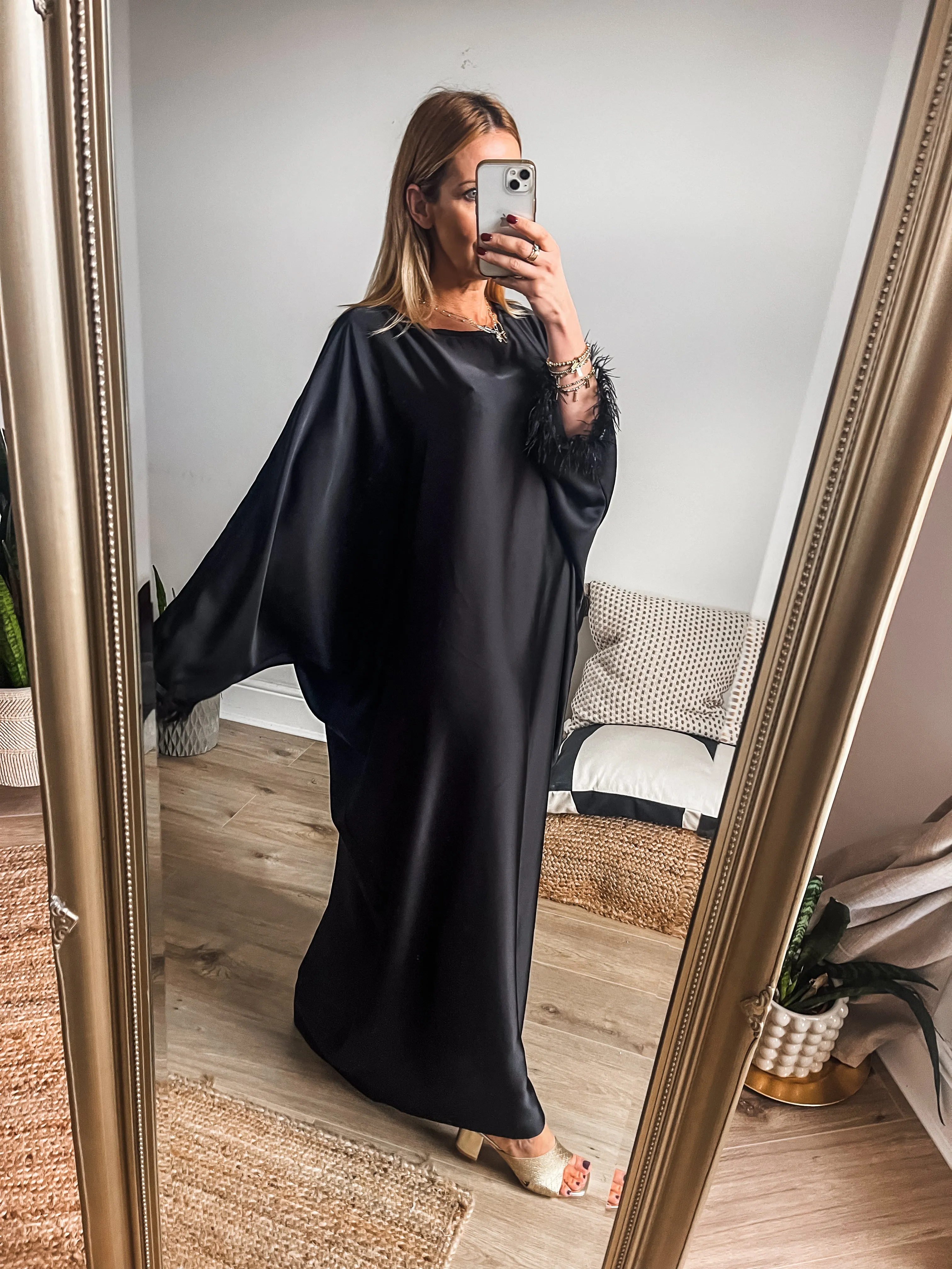 Feather Trim Satin Kaftan Maxi Dress