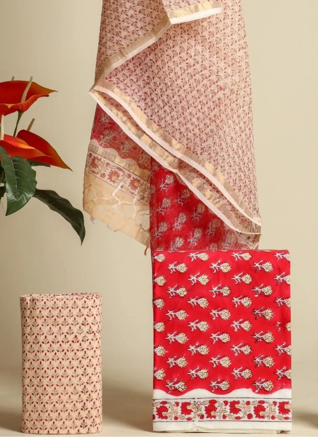 Floral Buti Hand Block Print Pure Cotton Suit Material with Kota Doria Dupatta (3CKD338)