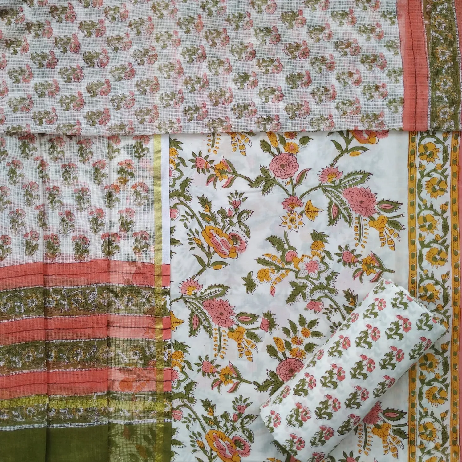 Floral Hand Block Print Cotton Suit Set with Kota Doria Dupatta (3CKD591)