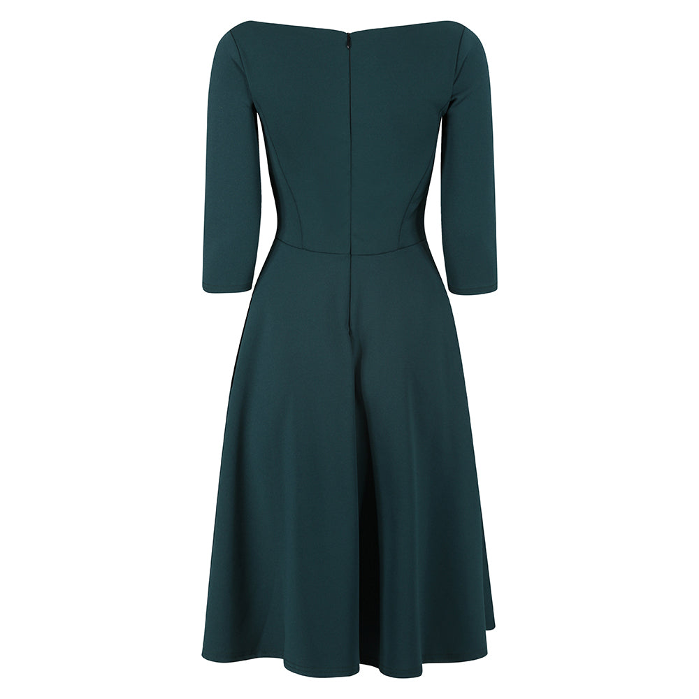 Forest Green Audrey 1950s Style 3/4 Sleeve Swing Dress